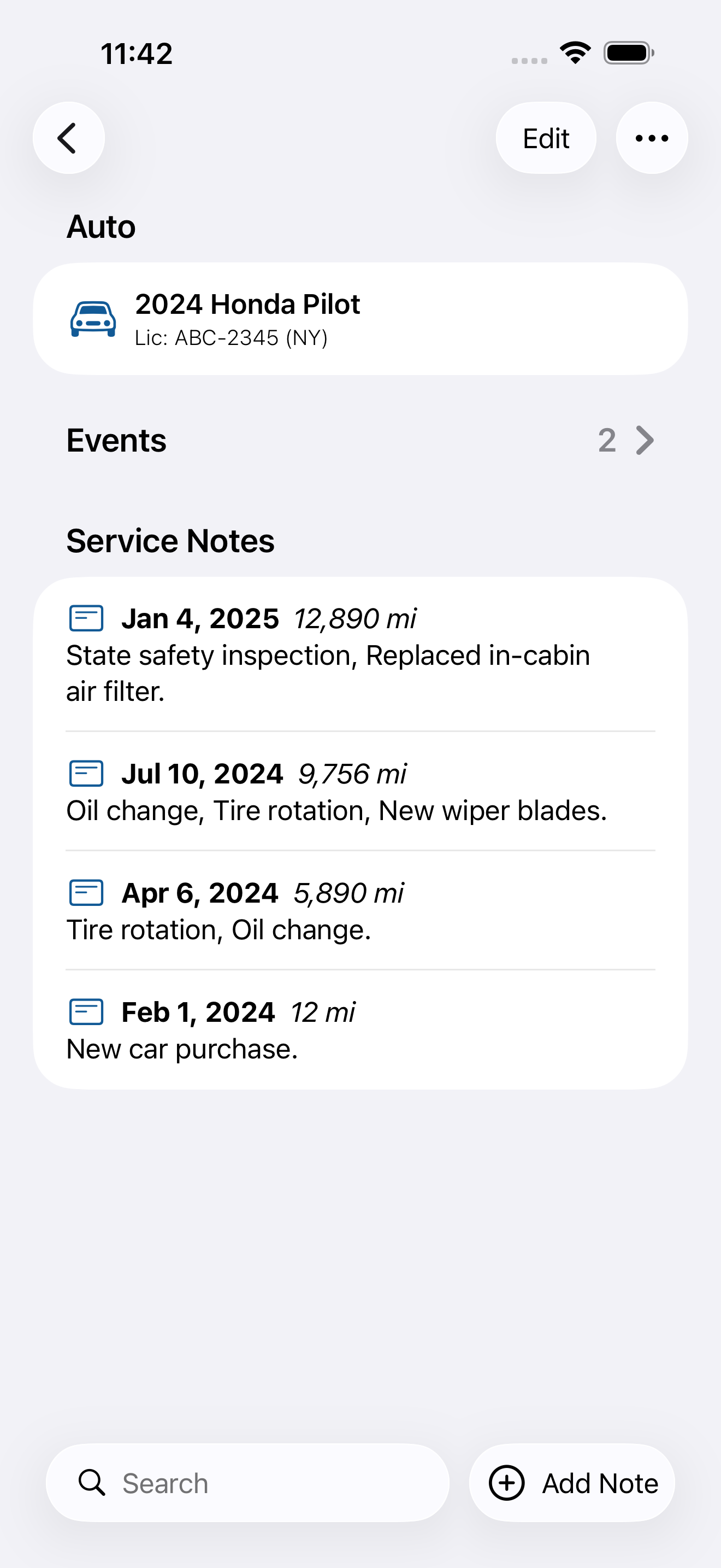 Service notes history for a vehicle